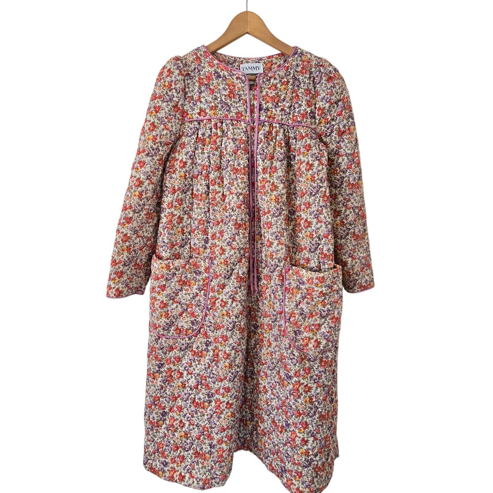 Vintage Tammy Floral Quilted Duster Coat Womens S Half Zip Cottagecore Made USA